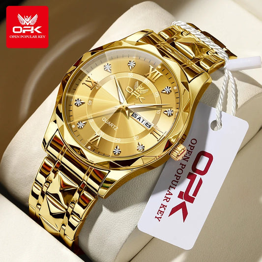 OPK Brand men's steel strap quartz watch dual calendar waterproof night light 6023