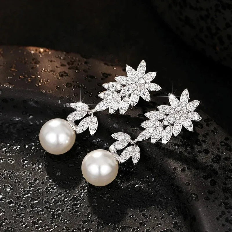 925 Sterling Silver Aesthetic Flower Long Hanging Pearl Earrings Exquisite Earrings New for Women Wedding Jewelry
