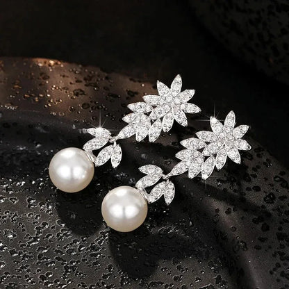 925 Sterling Silver Aesthetic Flower Long Hanging Pearl Earrings Exquisite Earrings New for Women Wedding Jewelry