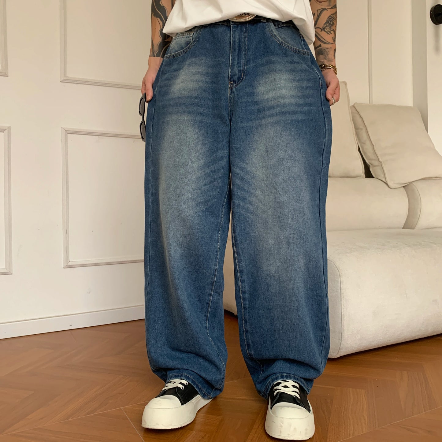 Summer Men's Denim Pants Old Blue Washed Male Baggy Jeans Four Seasons Straight Casual Menwear Loose Wide Leg Trousers Fashion