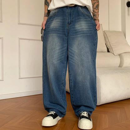 Summer Men's Denim Pants Old Blue Washed Male Baggy Jeans Four Seasons Straight Casual Menwear Loose Wide Leg Trousers Fashion