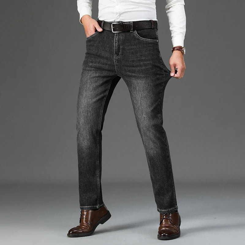 Autumn Winter Cotton Smoke Gray Men's Loose Straight Jeans Business Casual Elastic All-match Pants Denim Trousers Male Brand