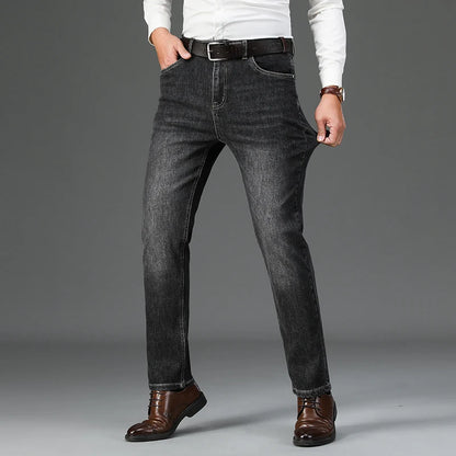 Autumn Winter Cotton Smoke Gray Men's Loose Straight Jeans Business Casual Elastic All-match Pants Denim Trousers Male Brand