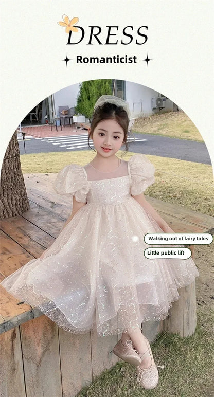 2024 Summer New Style Women's Baby Princess Dress Puffy Sleeves Trendy Girls Casual Dresses Woodland Theme Design