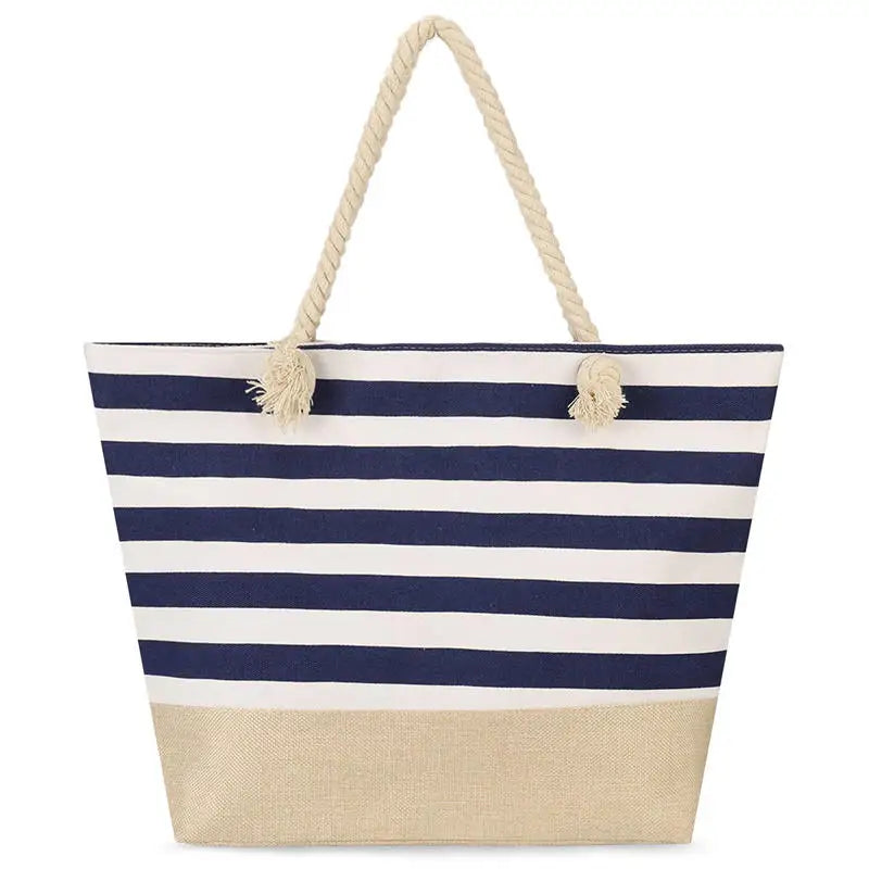Striped Zipper Outer Bag For Outdoor Travel Vacation Waterproof Canvas Shoulder Bag Convenient Folding Beach Bag Shopping Totes