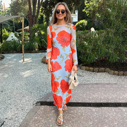 Blifanbo Print Flower Elegant Maxi Dress Women O Neck Fashion Long Sleeve Slim Sexy Print Patchwork Female Holiday Long Dress