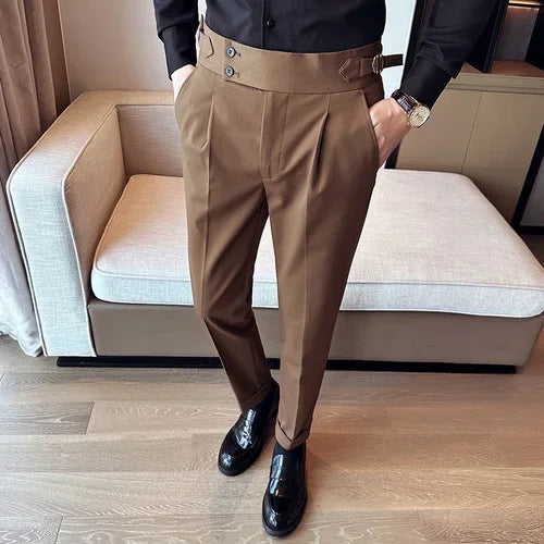 Autumn Winter High Waist Business Dress Pants Men Casual Belt Design Slim Suit Pants Formal Wedding Social Party Male Trousers