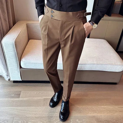 Autumn Winter High Waist Business Dress Pants Men Casual Belt Design Slim Suit Pants Formal Wedding Social Party Male Trousers