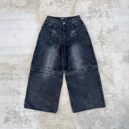 Men Straight Jean Denim Pants Jeans Ankle Length Pant Pockets Washed High Street Loose Spliced Distressed Zipper Fly Vintage