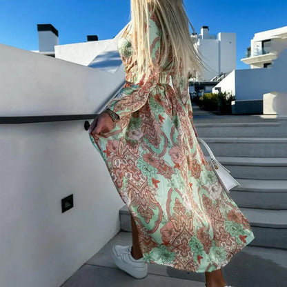 Stylish Women Casual Dress Breathable Women Beach Dress Slim Waist Ethnic Bohemia Print Long Dress  Womenswear