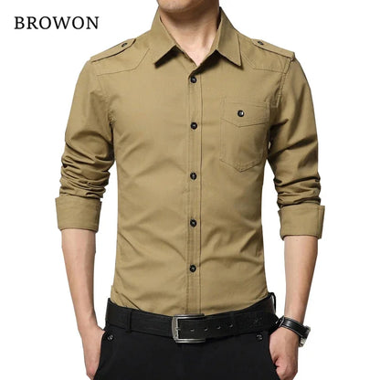 2025 Men's Epaulette Shirt Fashion Full Sleeve Epaulet Shirt Military Style 100% Cotton Army Green Shirts with Epaulets