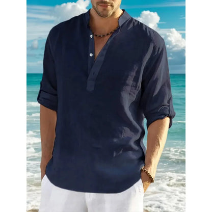 Men'sshirt Classic Casual Stand-up Collar Long-sleeved V-neck Shirt Sleeve Split-sleeved Light Breathable Beach Vacation T-shirt