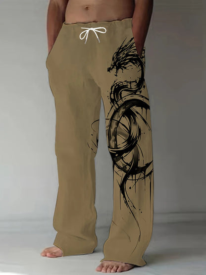 Spring Summer Men's Cool Touch Trousers Dragon Print Stretch Large Size Breathable Trousers Hawaii Beach Drawstring Trousers