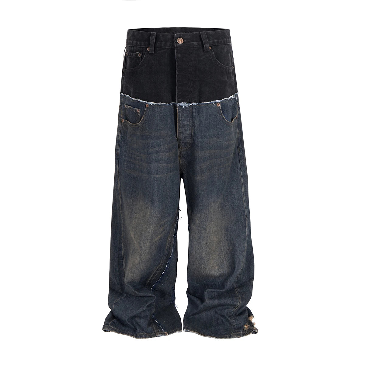 Three Waisted Camouflage Cargo Pants for Men Streetwear Patchwork Baggy Jeans Wide Leg Casual Loose Denim Trousers Oversized