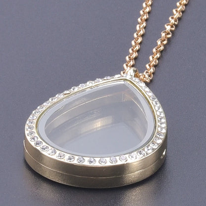 Glass Metal Gold Color Heart Round Water Drop Relicario Photo Locket Necklace Rhinestone Floating Charm O-shaped Chains Necklace