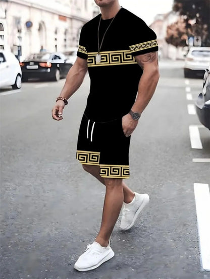New summer men's comfortable and breathable digital printed round neck T-shirt shorts set suitable for outdoor leisure sports