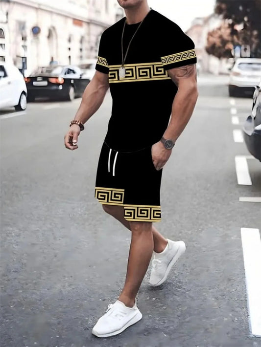 New summer men's comfortable and breathable digital printed round neck T-shirt shorts set suitable for outdoor leisure sports