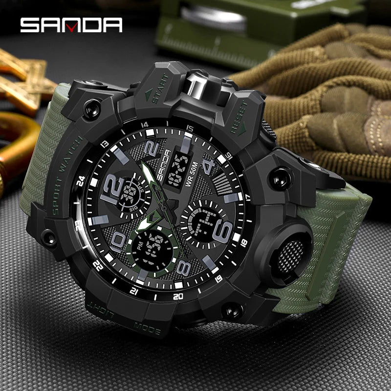 SANDA 6021 Sport Watch for Men Waterproof LED Dual Display Quartz Wristwatch Mens Digital Clock Military Stopwatch Reloj Hombre