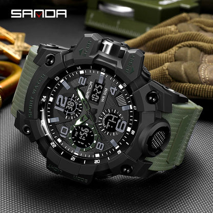 SANDA 6021 Sport Watch for Men Waterproof LED Dual Display Quartz Wristwatch Mens Digital Clock Military Stopwatch Reloj Hombre