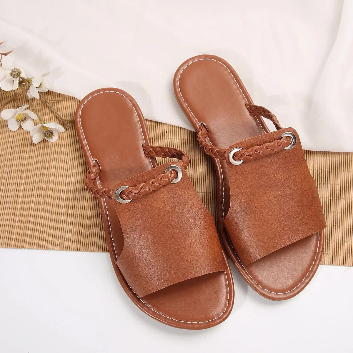Women's Peep Toe Flat Slides, Casual Faux Leather Slip On Shoes, Lightweight Beach Slide Sandals