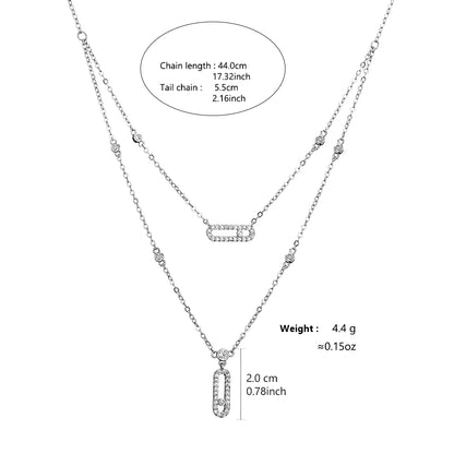 Paperclip Double-Layer Necklace Women With Full Diamonds Rectangular 18K Gold Pendant Long Tassel Clavicle Chain Daily Jewelry