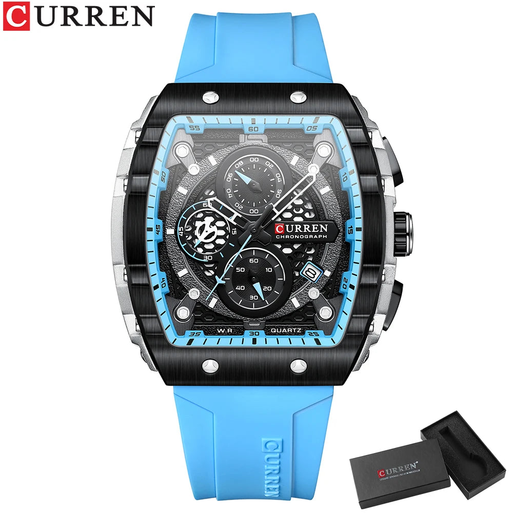 CURREN New Fashion Square Dial & Silicone Strap  Mens Watches Luxury Sport Waterproof Watch Man Chronograph Quartz WristWatches