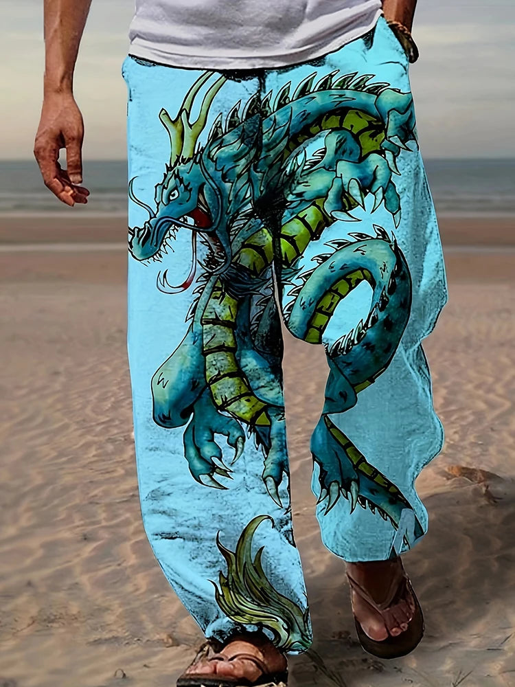 Spring Summer Men's Cool Touch Trousers Dragon Print Stretch Large Size Breathable Trousers Hawaii Beach Drawstring Trousers