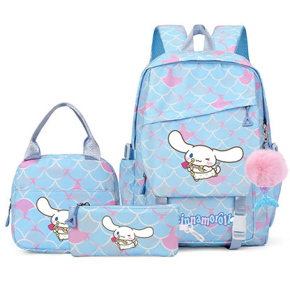 3Pcs Cinnamoroll Fish Scale Kid Backpack With Mermaid Pendant Lunch Girl School Bag Children Schoolbag For Teenage Girls
