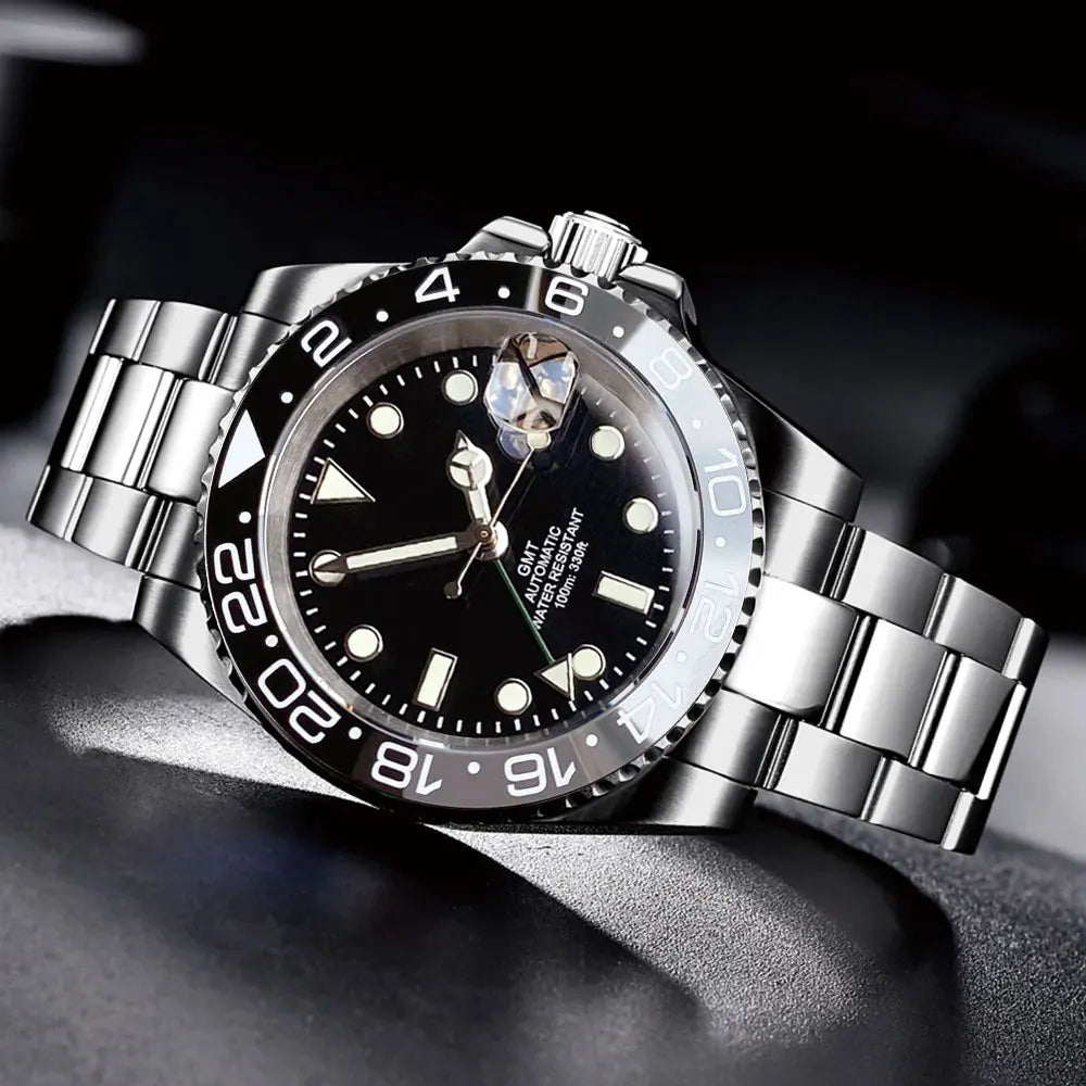 200m Waterproof NH34A Automatic Mechanical Diver Watch for Men GMT Movement Luminous Jubilee Strap Dual Time Glide Lock Buckle