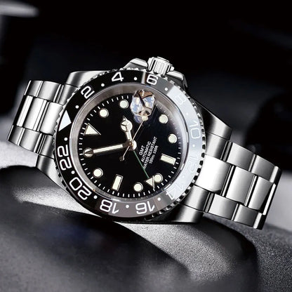 200m Waterproof NH34A Automatic Mechanical Diver Watch for Men GMT Movement Luminous Jubilee Strap Dual Time Glide Lock Buckle
