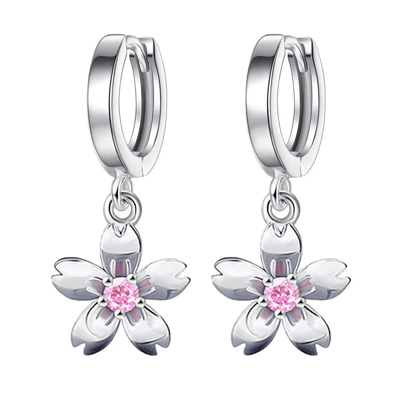 Simple Fashion 925 Sterling Silver Earrings For Women Cute Pink/White Zircon Cherry Blossoms Drop Earrings Pendientes