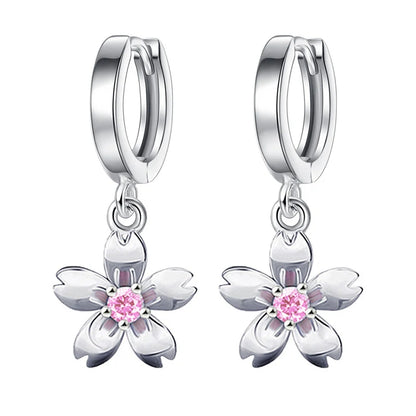 Simple Fashion 925 Sterling Silver Earrings For Women Cute Pink/White Zircon Cherry Blossoms Drop Earrings Pendientes