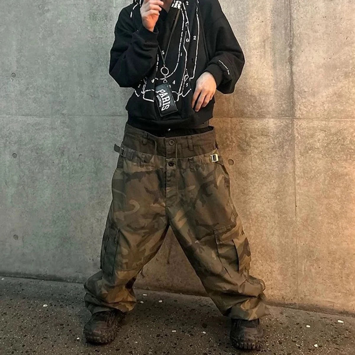 Three Waisted Camouflage Cargo Pants for Men Streetwear Patchwork Baggy Jeans Wide Leg Casual Loose Denim Trousers Oversized