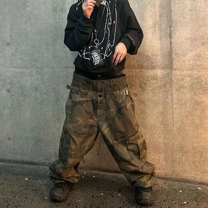 Three Waisted Camouflage Cargo Pants for Men Streetwear Patchwork Baggy Jeans Wide Leg Casual Loose Denim Trousers Oversized