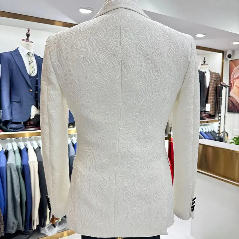 Ivory Jacquard Men Suits Black Peak Lapel Blazer Wedding Tuxedo Terno Masculino Prom Groom 3 Pcs Slim Fit Costume Homme Sets