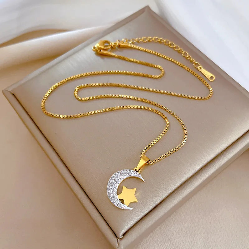 DIEYURO 316L Stainless Steel Moon Stars Pendant Necklace For Women Girl Fashion Clavicle Chain Choker Jewelry Gift Wedding