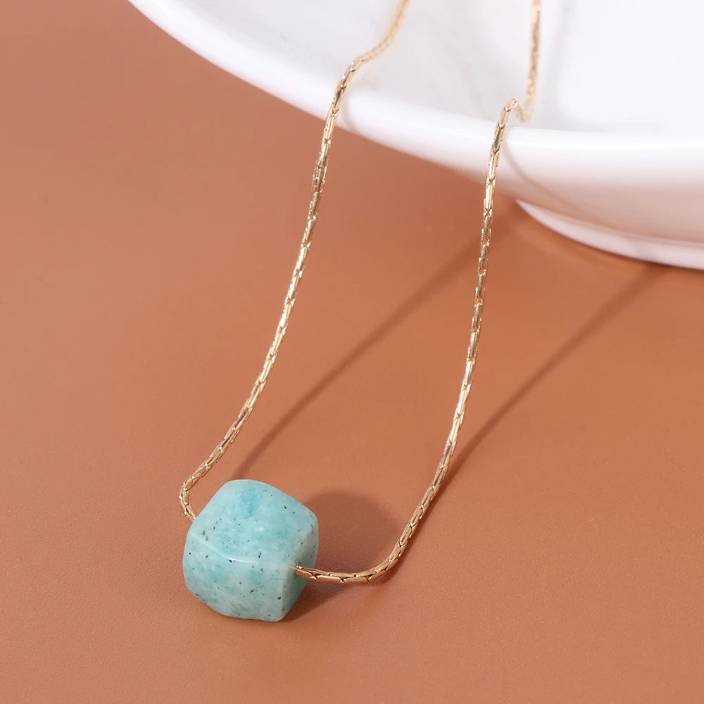 Natural Amazonite Stone Pendant Necklace Square Cube Gems Neckalce Healing Reiki Stone Pendant Jewelry Gifts for Festivals
