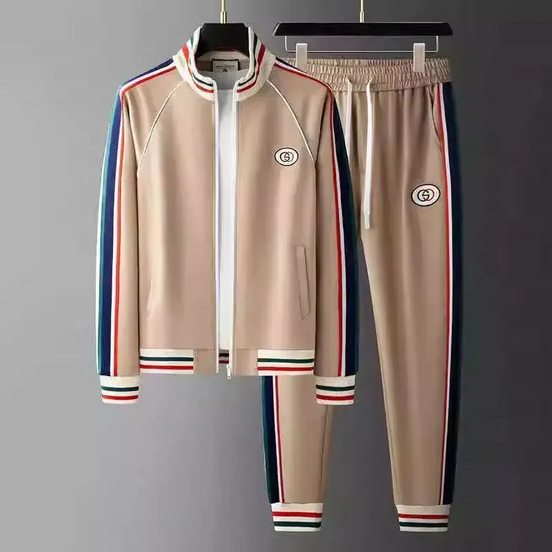 European Station Casual Sports Suit Men's Spring and Autumn Premium Splicing Cardigan Stand-up Neck Sweater Two-piece Suit Men's