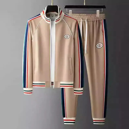 European Station Casual Sports Suit Men's Spring and Autumn Premium Splicing Cardigan Stand-up Neck Sweater Two-piece Suit Men's