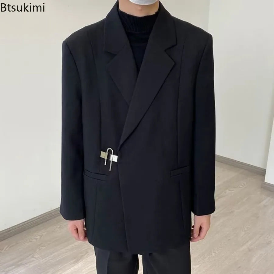 2025 Men's Korean Style Spring Casual Suit Jacekt Metal Buckle Male Loose  Male Solid Color Blazers Harajuku Long Sleeve Coats