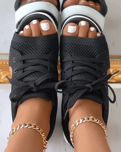 Summer Women Sandales  Shoes Casual Flat Peep Toe Contrast Paneled Cutout Lace-up Muffin Sandals Platform Sport Sneakers
