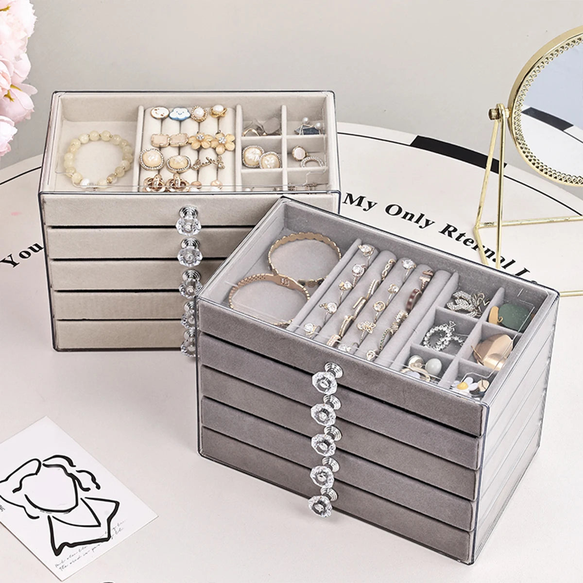 5-layer jewelry box, velvet drawer tray, transparent jewelry storage box, elegant jewelry display box