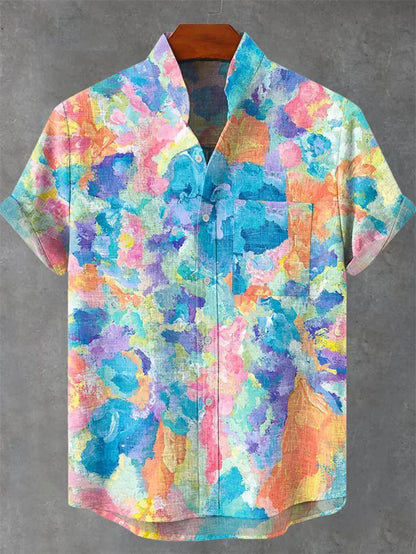 Men's Linen Batik Shirt Retro Short Sleeved Top Fashionable Summer Casual Ethnic Clothing Shirt Plus Size Streetwear