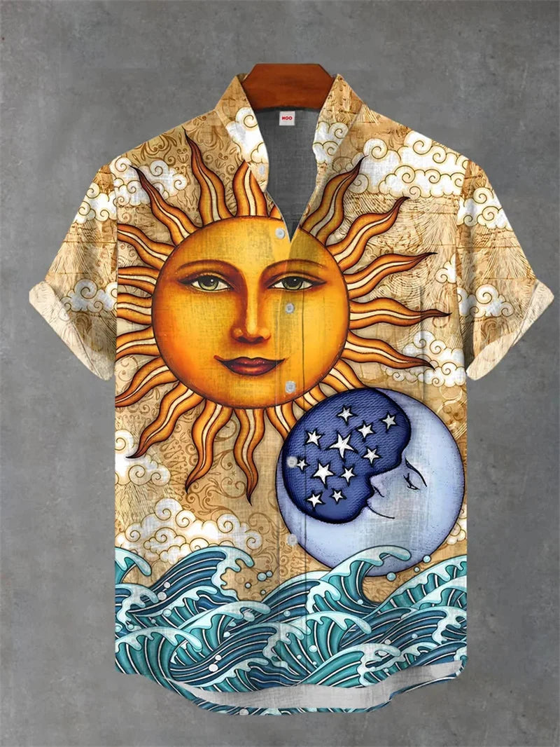 Men's Linen Batik Shirt Retro Short Sleeved Top Fashionable Summer Casual Ethnic Clothing Shirt Plus Size Streetwear