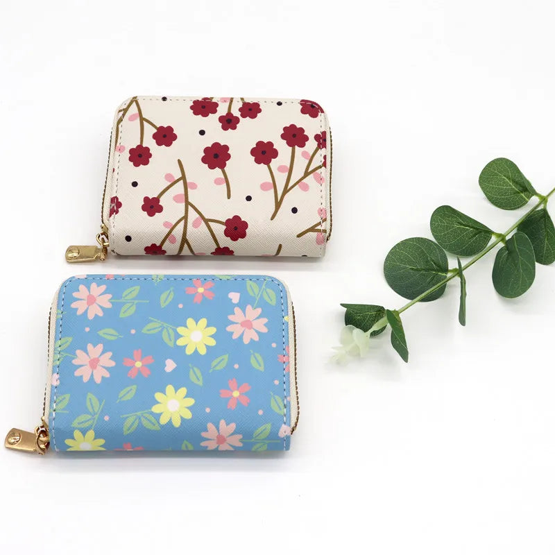 Fashion Flower PU Coin Purse for Women Cute Organ Card Case Lady Credit Card Holder Multifunctional Zipper Small Short Wallet
