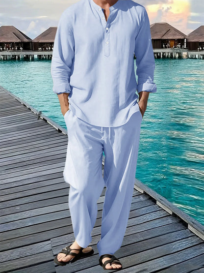 Men's Shirt Pants Suit Summer Breathable Beach Hawaiian Vacation Casual Long Sleeves Set Solid Color Loose Jogging Trousers