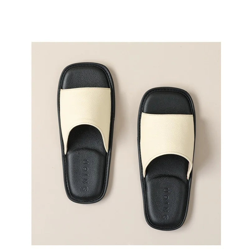 New Genuine Leather Slippers Men Square Open Toe Slides Shoes Home Mute Slippers Man Luxury Top Quality Guest Slipper Cowhide