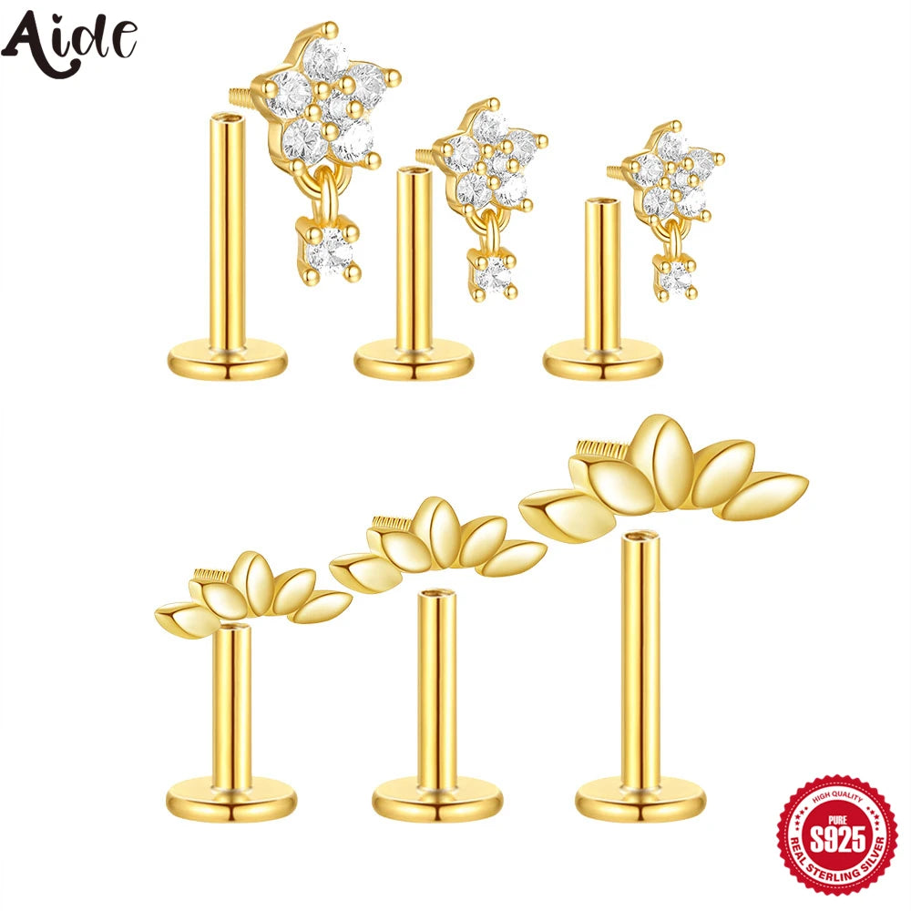 Aide 3pcs Ear Needle 5/6/8mm Flat Head Cartilage Piercing Stud Earring Women 925 Sterling Silver Flower Zircon Gold Ear Studs