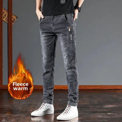 Fashion Men's Jeans Fashion Casual Slim Autumn Winter Fleece Kpop Denim Pants Plus Velvet Korean Luxury Clothing Classic Jeans