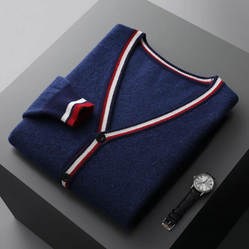 Autumn And Winter New Men's Cashmere Sweater V-Neck Color Contrast Long-Sleeved Cardigan Loose Large Coat 100 Pure Wool Knitting